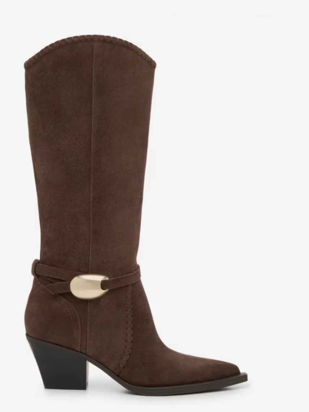 Dolce Vita Brown Suede Mid-Calf Western Boot with Gold Accent